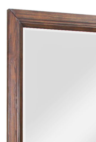A close-up of the top left corner of the Couch.com Branson Mirror Rustic Buckeye, featuring gray finish mirror construction and a dark wooden frame.
