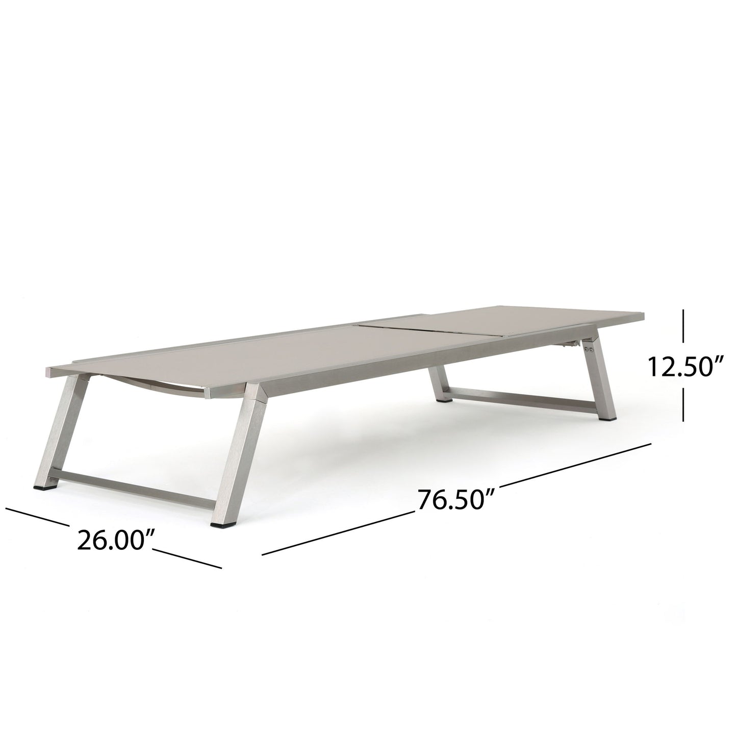 The Myers Modern Chaise Lounge Set features a rectangular, light-colored surface with angled metal legs and an adjustable mesh back, measuring 76.5"L x 26"W x 12.5"H.