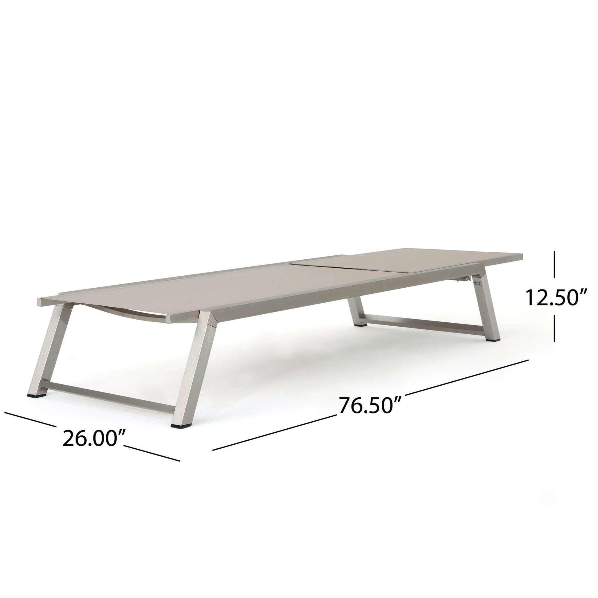 The Myers Modern Chaise Lounge Set features a rectangular, light-colored surface with angled metal legs and an adjustable mesh back, measuring 76.5"L x 26"W x 12.5"H.