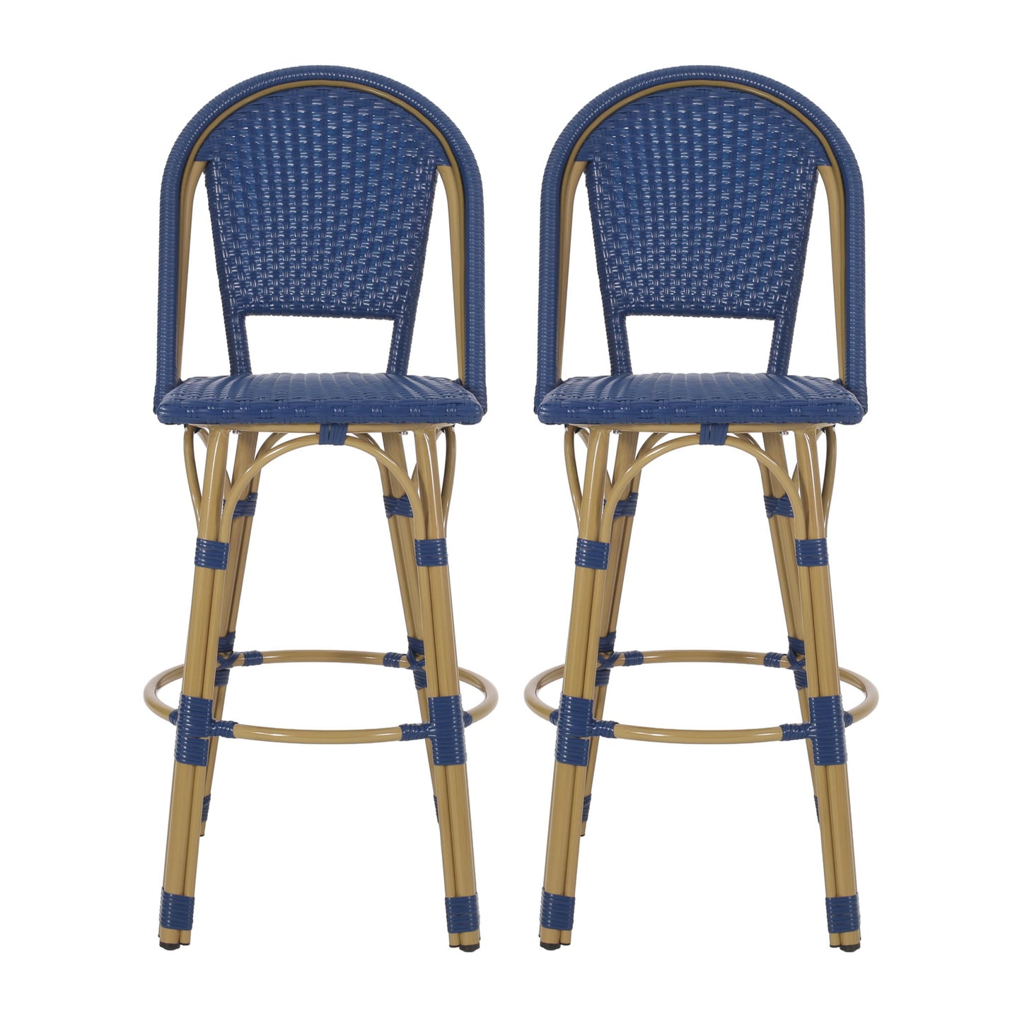The Outdoor Rattan And Aluminum French Barstools (Set of 2) feature tall frames with woven blue seats and backs, light brown legs, circular footrests, and blue accents. Both stools are placed side by side, facing forward.