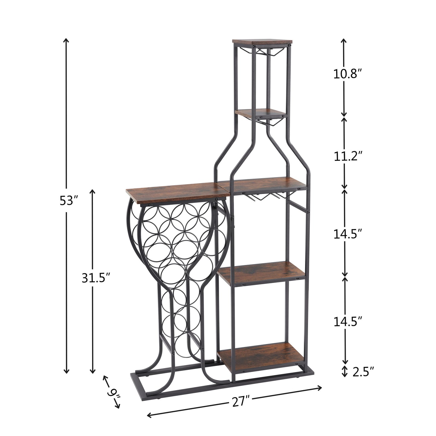 The 11 Bottle Wine Bakers Rack is a 5-tier freestanding metal and wood wine rack with hanging glass holder, storage shelves, and decorative frame. Measures 53” H x 27” W x 9.5” D—ideal for kitchen or dining room liquor and wine storage.