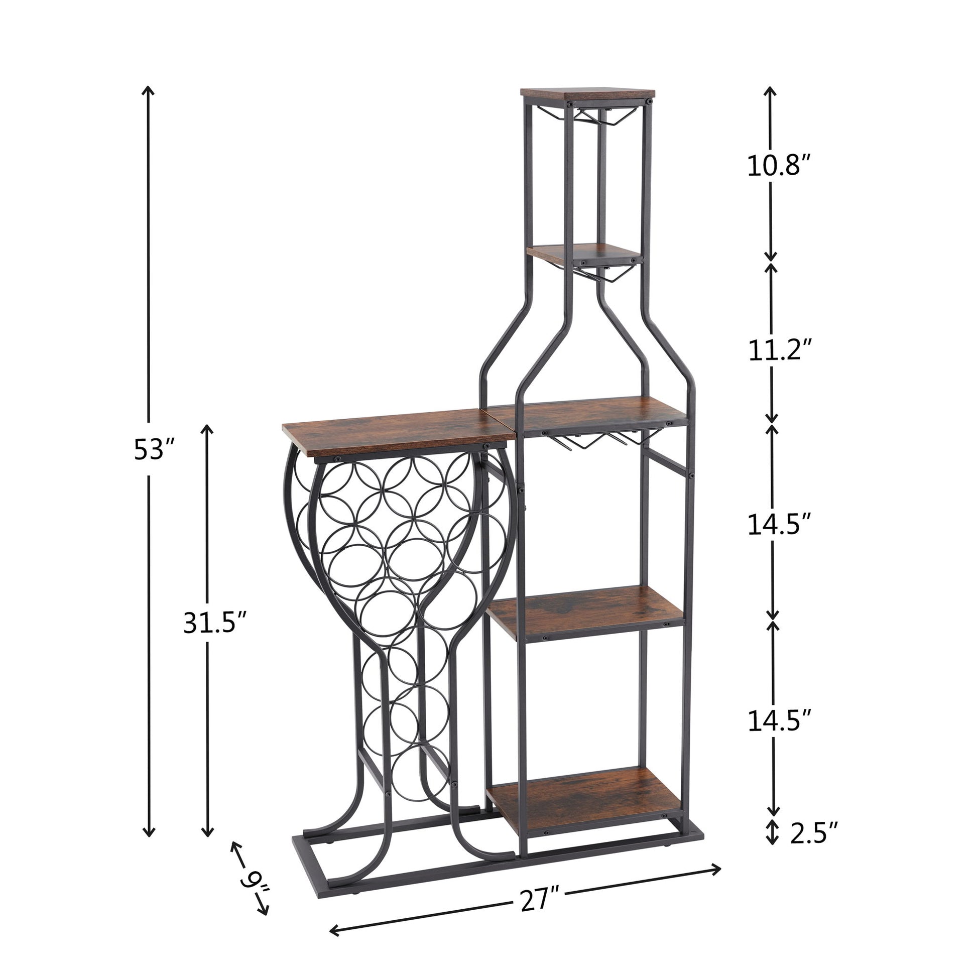 The 11 Bottle Wine Bakers Rack is a 5-tier freestanding metal and wood wine rack with hanging glass holder, storage shelves, and decorative frame. Measures 53” H x 27” W x 9.5” D—ideal for kitchen or dining room liquor and wine storage.