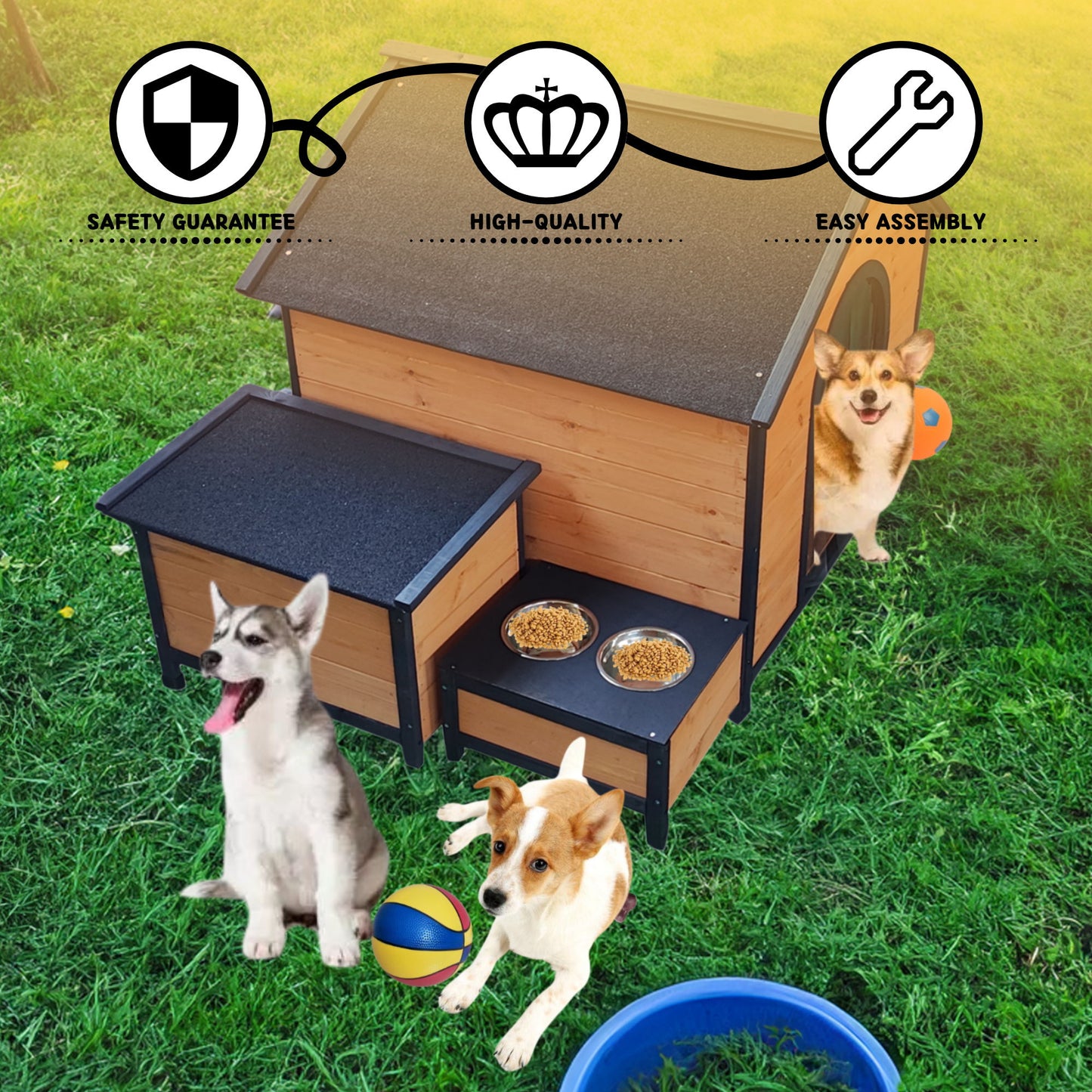 Three dogs play with balls near the Xpt088 Wearable And Strong Dog House For Playground - Natural, set on green grass with two food bowls outside. Icons above show safety, high quality, and easy assembly.