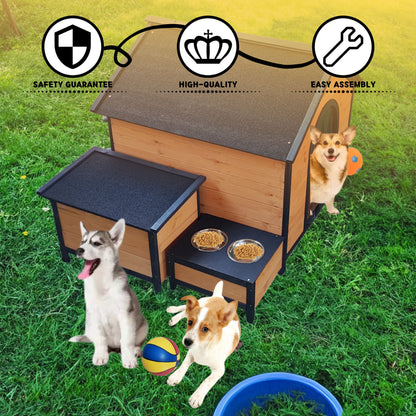 Three dogs play with balls near the Xpt088 Wearable And Strong Dog House For Playground - Natural, set on green grass with two food bowls outside. Icons above show safety, high quality, and easy assembly.
