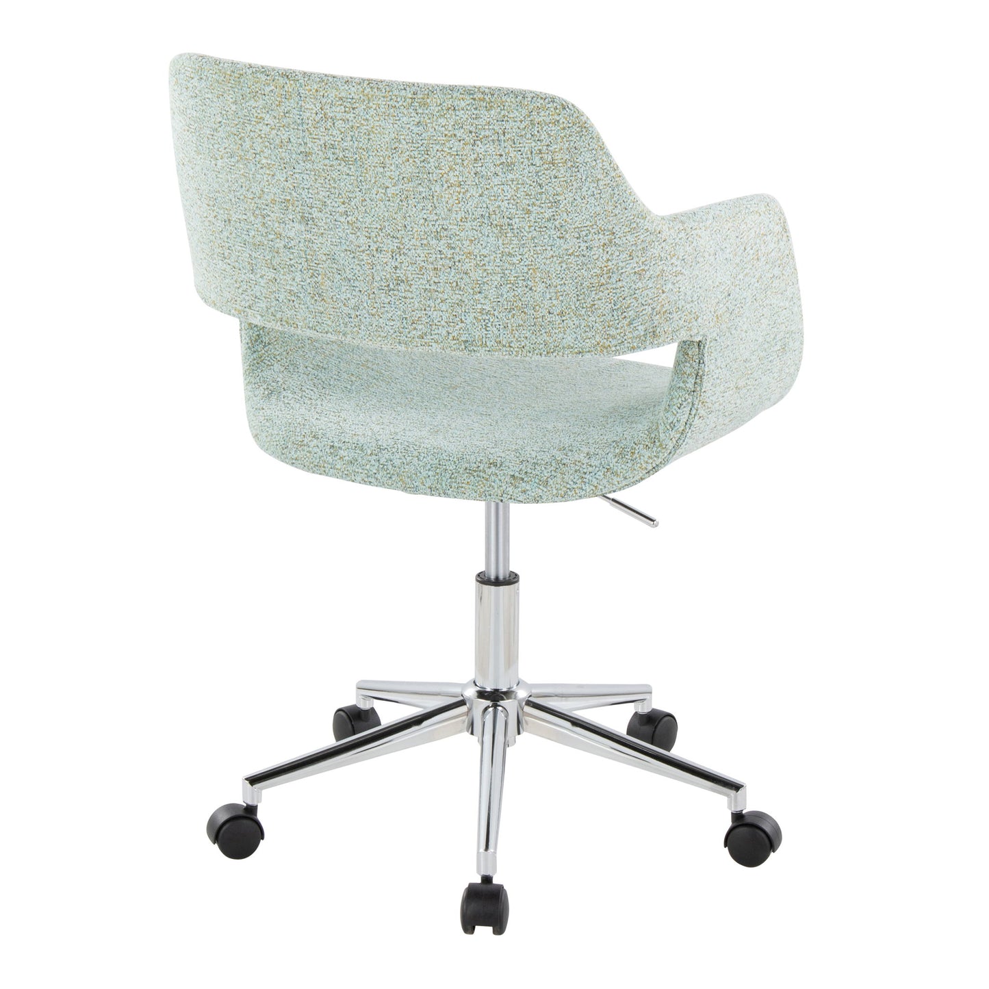 The Margarite - Contemporary Office Task Chair features a light green upholstered seat and backrest, shown from the back, with metal legs on five wheels and an adjustable height lever for modern office comfort.