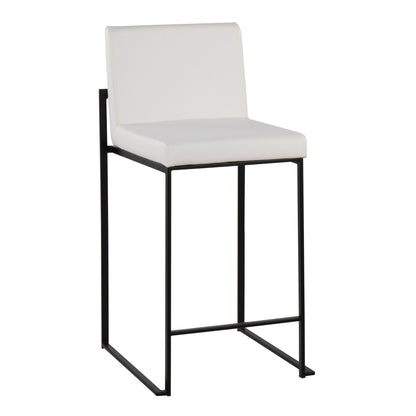 The Fuji - Contemporary Modern Elegance High Back Counter Stool features a white cushioned seat and backrest, paired with a minimalist black metal frame and open rectangular legs for stylish support.