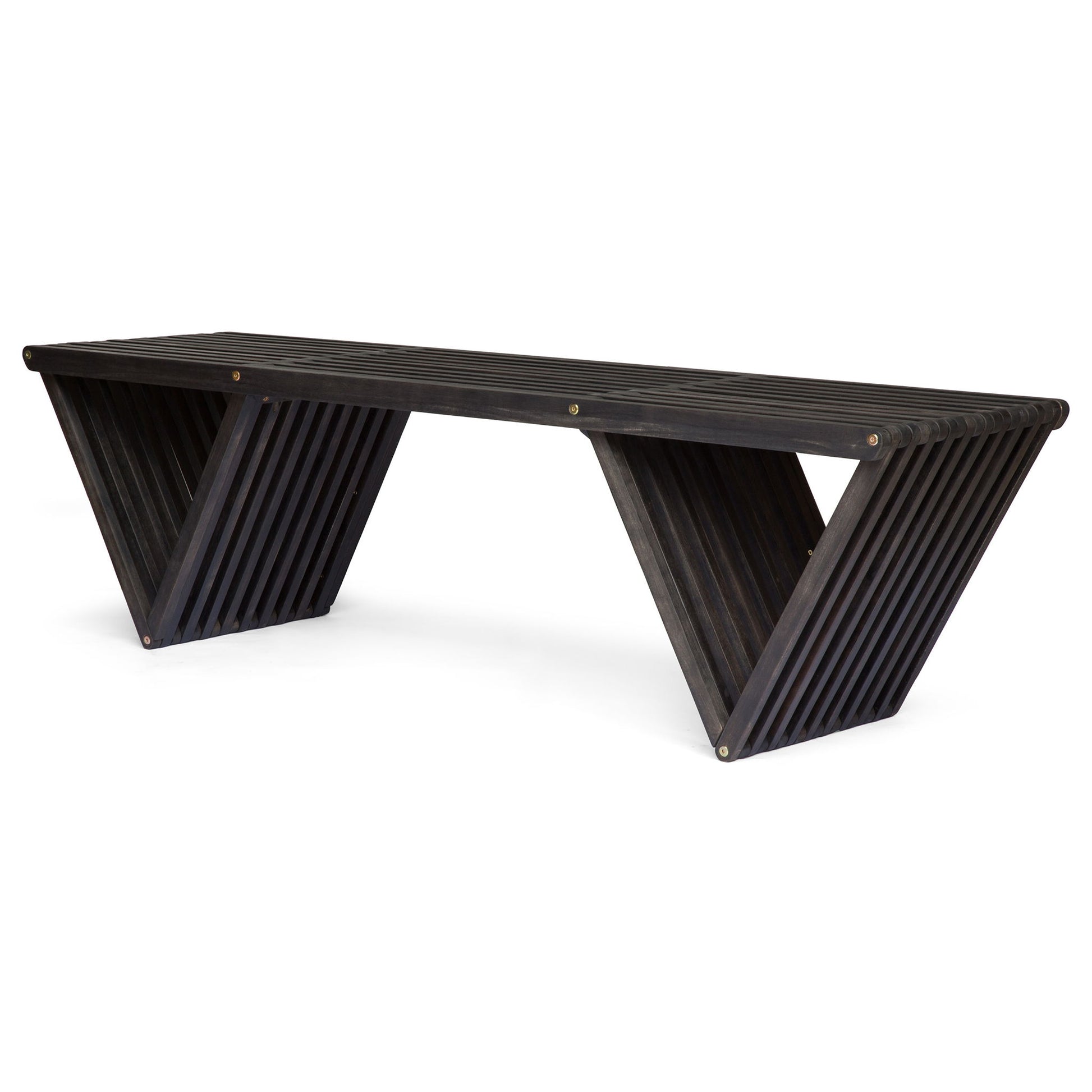The Gloaming Outdoor Bench features a dark-stained slat design and two triangular bases at each end, creating an open, geometric look with sleek, modern appeal.