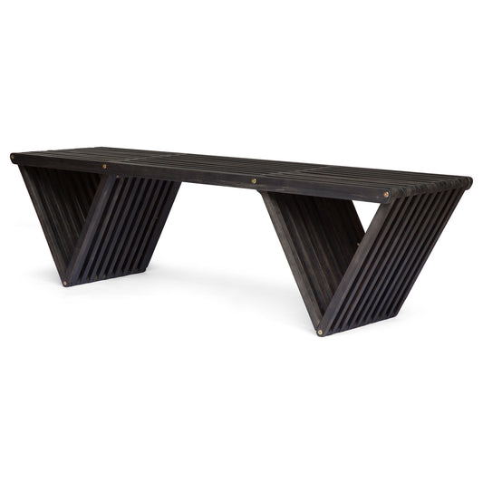 The Gloaming Outdoor Bench features a dark-stained slat design and two triangular bases at each end, creating an open, geometric look with sleek, modern appeal.