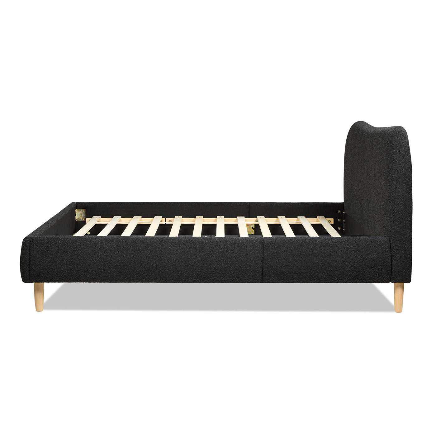 Side view of the Roman - Curved Headboard Upholstered Platform Bed featuring a tall, rounded black headboard, wooden slats, and light wood legs, shown without a mattress.