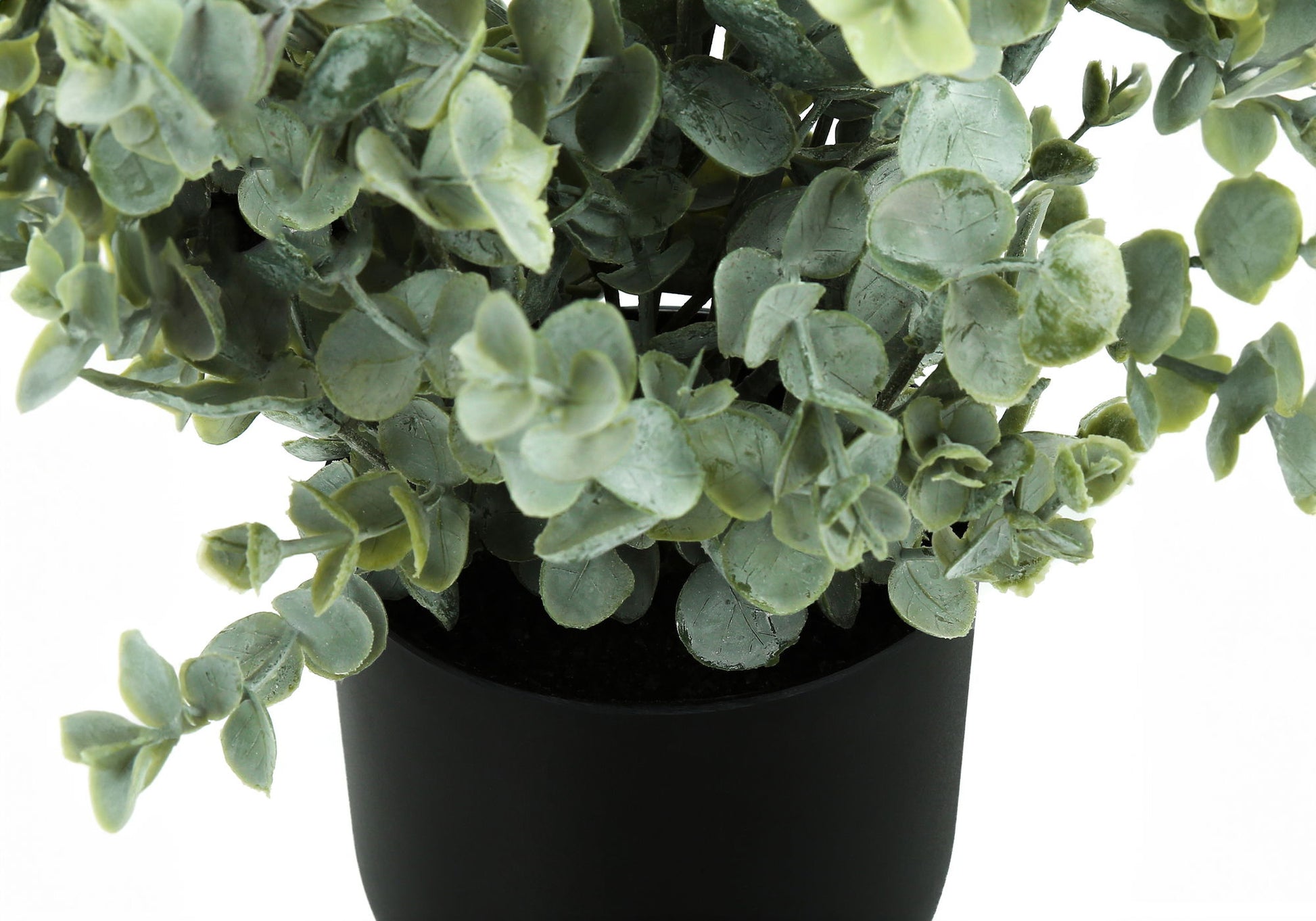 A close-up of lush eucalyptus leaves in a black pot, featuring the 11" tall Artificial Eucalyptus Grass (Set of 2), perfect for indoor decor with dense green faux foliage against a mostly white background.