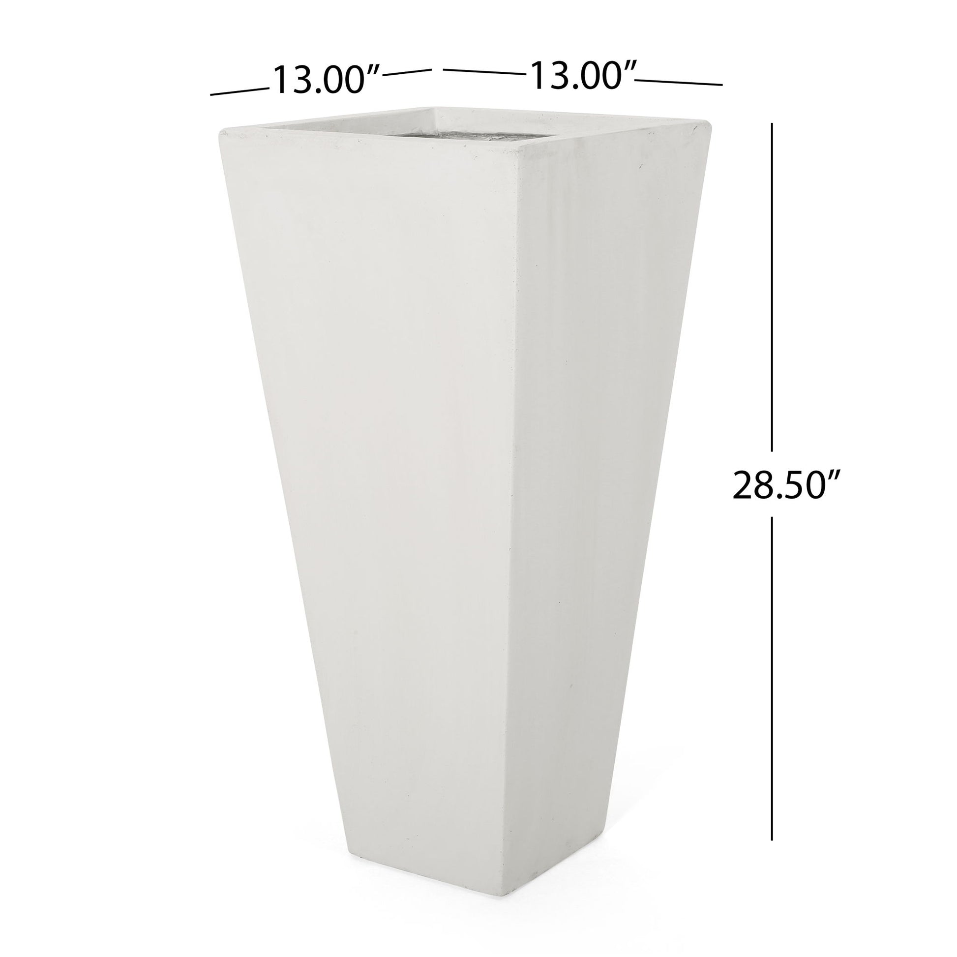 Outdoor Modern Cast Stone Planter: tall, square white planter with a tapered design. Measures 13" x 13" at the top and stands 28.5" high. Dimensions displayed with black measurement lines and text.
