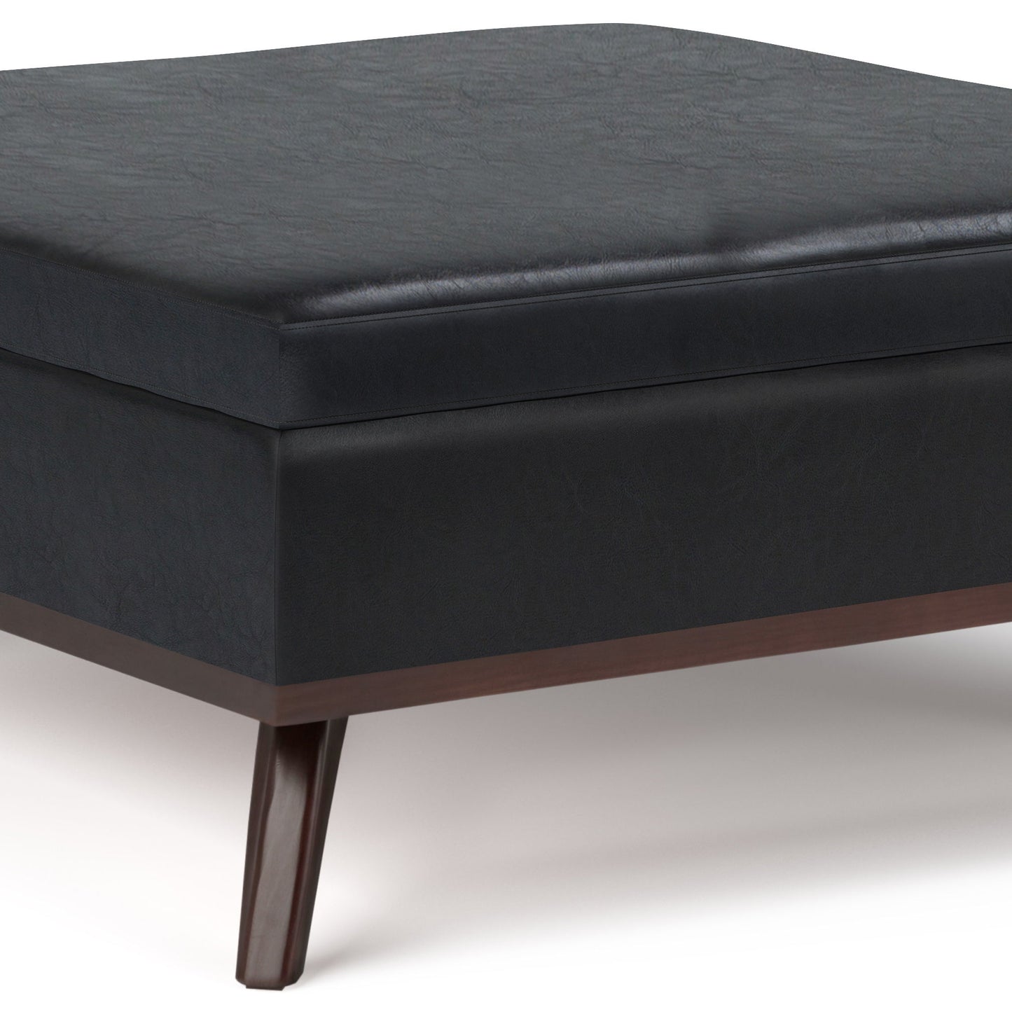 Close-up of the Owen Multifunctional Square Coffee Table Storage Ottoman, featuring a sleek black cushioned top, wooden legs, and a dark wood base with minimalist design, set against a white background.