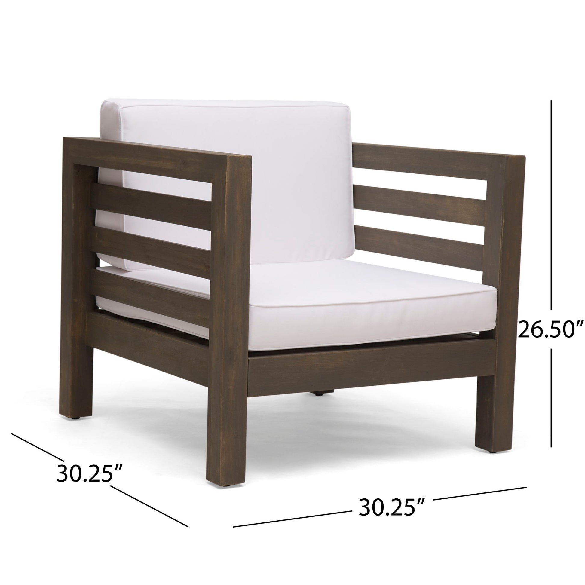 The Outdoor Acacia Wood Patio Chair With Fabric Cushion features wide, slatted arms and legs, white seat and back cushions, and measures 30.25"W x 30.25"D x 26.5"H.