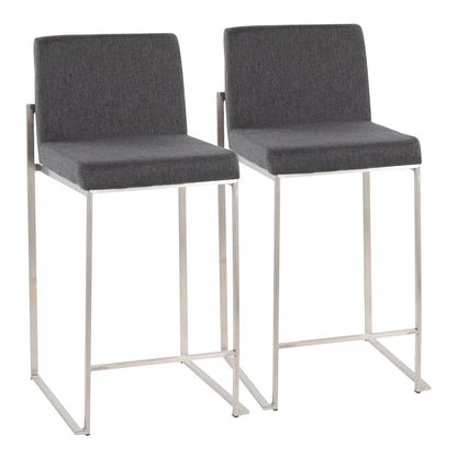 Two Fuji Contemporary High Back Counter Stools with functional design, featuring stainless steel legs and dark gray upholstered seats and backs, are placed side by side against a white background.