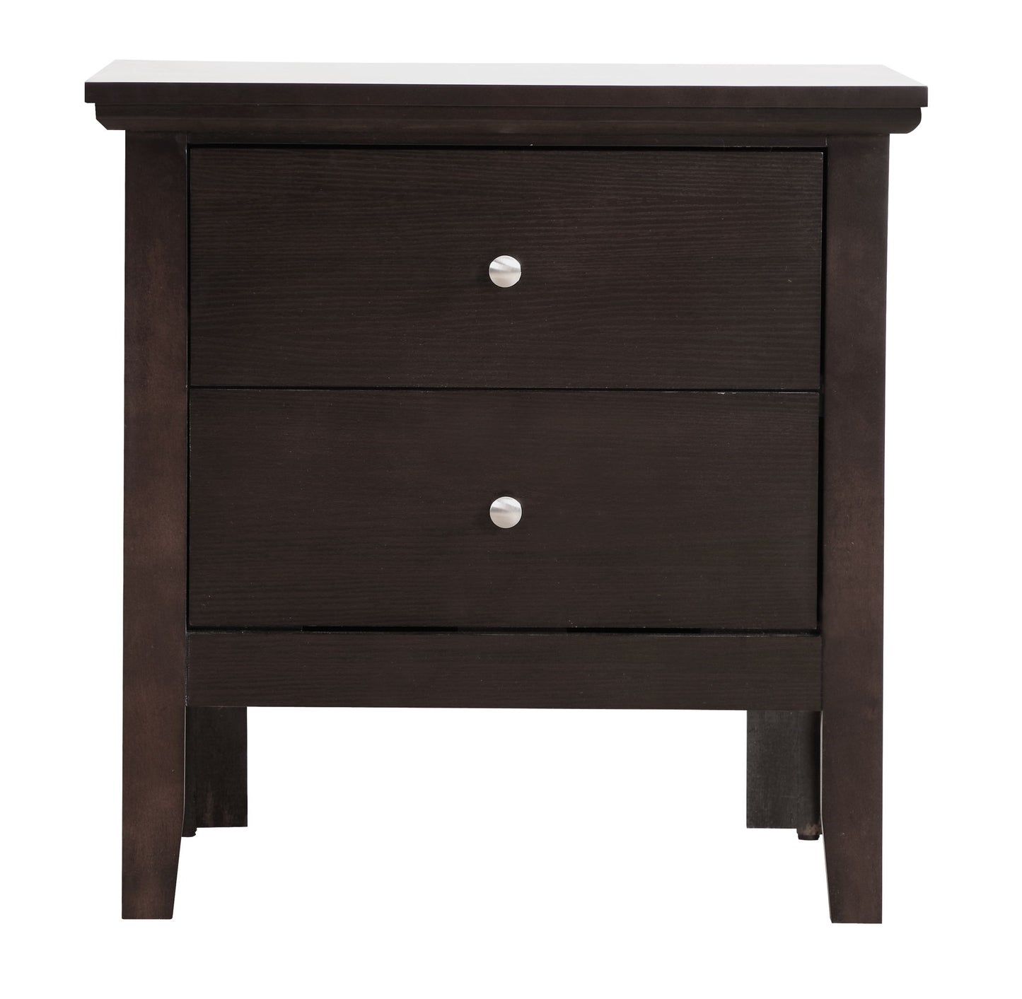 The Primo Nightstand is a dark brown wooden piece with two drawers, each fitted with a round silver knob, and features simple, straight legs.