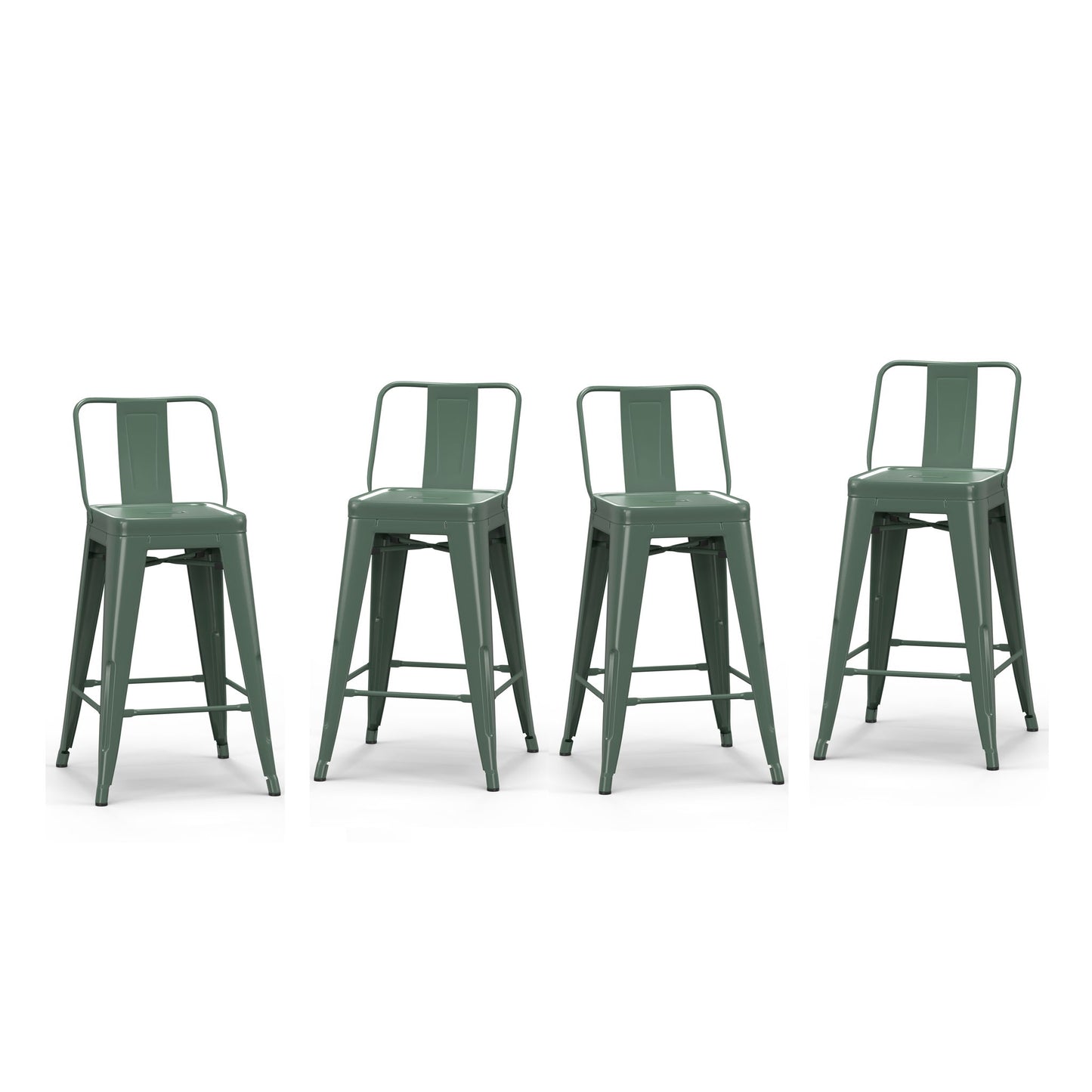 Four Rayne Multifunctional Metal Stools with backs, in green metal, are arranged in a row on a white background.