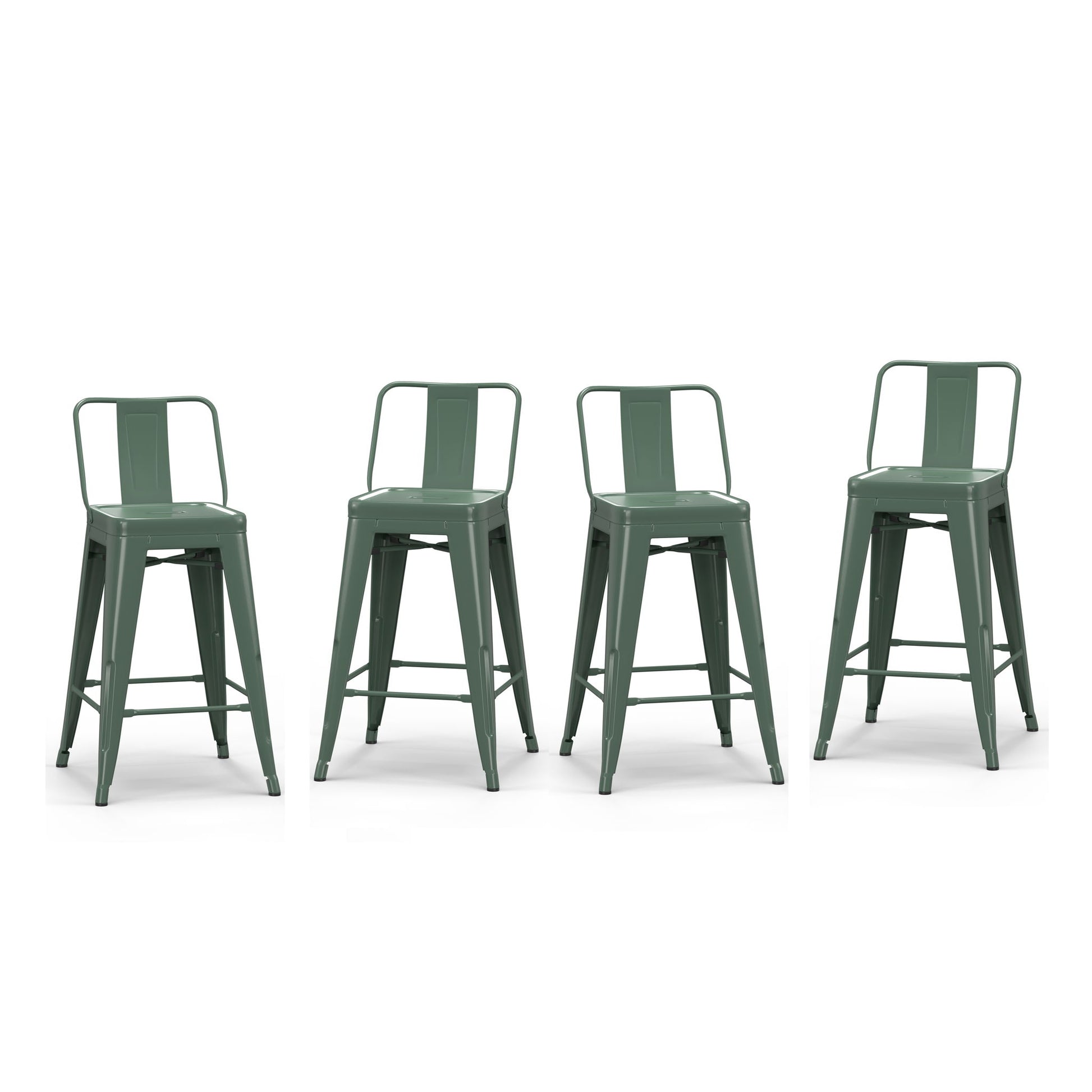 Four Rayne Multifunctional Metal Stools with backs, in green metal, are arranged in a row on a white background.