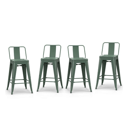 Four Rayne Multifunctional Metal Stools with backs, in green metal, are arranged in a row on a white background.