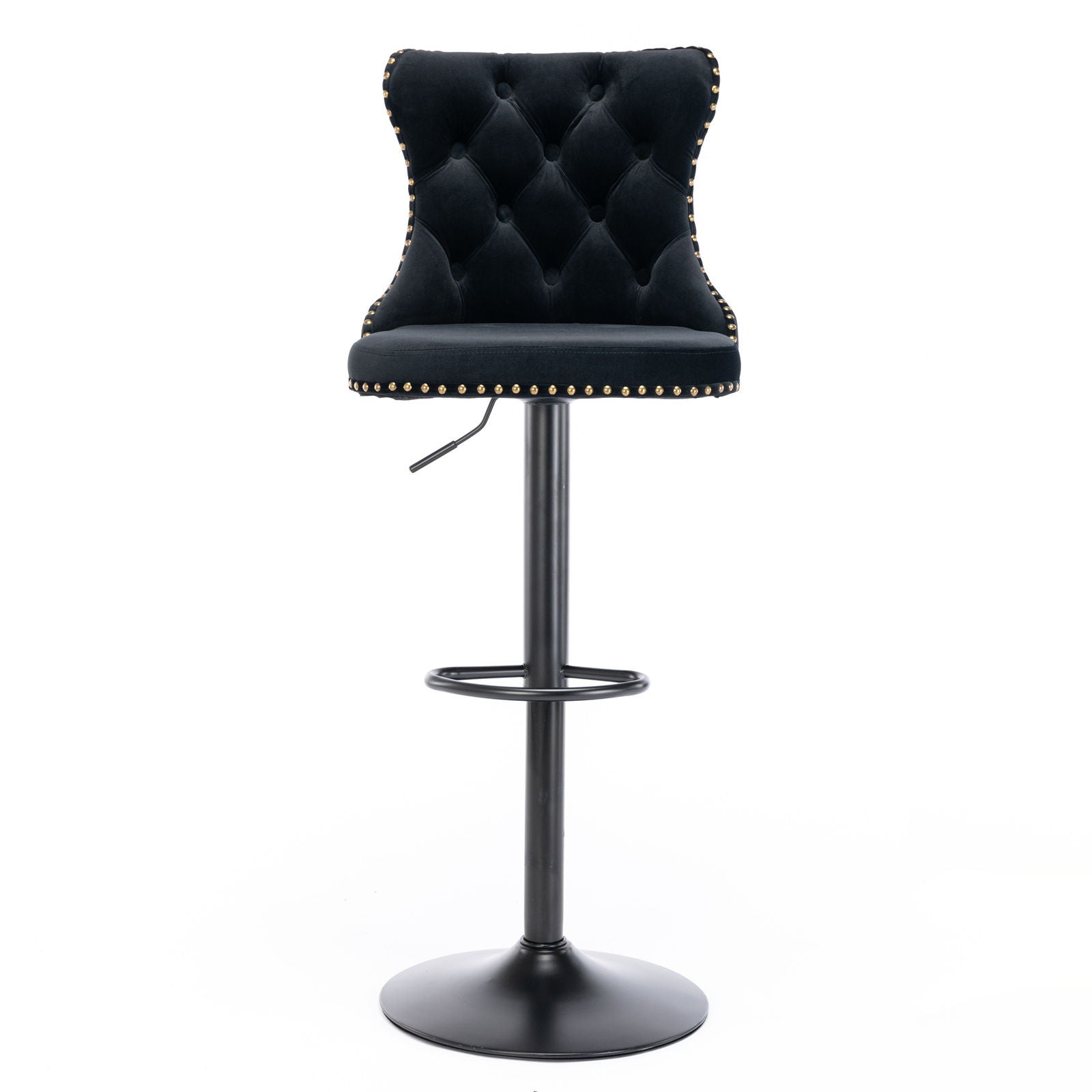 The Swivel Velvet Barstools (Set of 2) feature a black tufted backrest, gold stud accents, a round footrest, and a black metal base with adjustable height—perfect modern seating for your home pub or kitchen island.