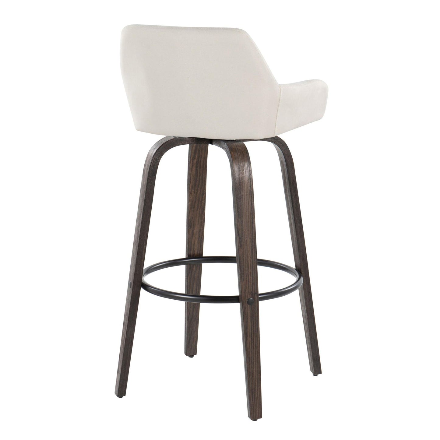 The Daniella Barstool is a contemporary, fixed-height swivel seat with a curved white upholstered back, four dark wooden legs, and a round metal footrest. Shown from an angled rear view. Set of 2.