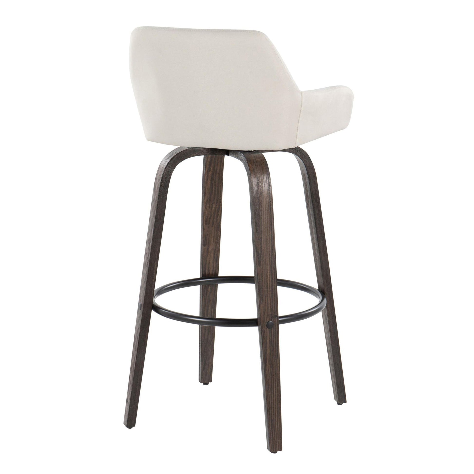 The Daniella Barstool is a contemporary, fixed-height swivel seat with a curved white upholstered back, four dark wooden legs, and a round metal footrest. Shown from an angled rear view. Set of 2.