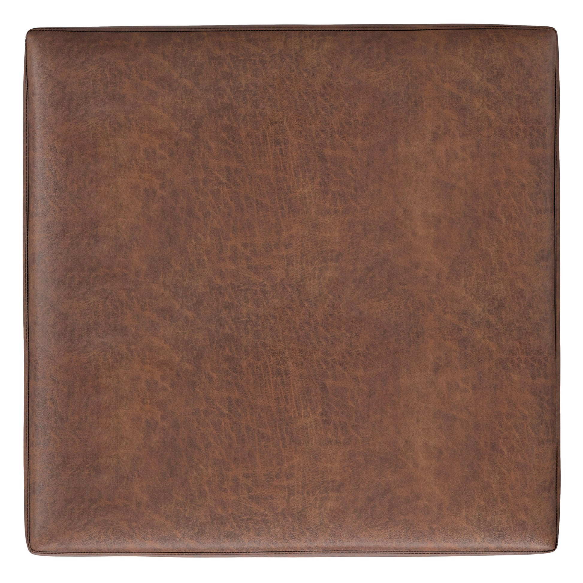 The Shiloh Multifunctional Square Storage Ottoman features brown leather with visible texture and subtle edge stitching, viewed from above.
