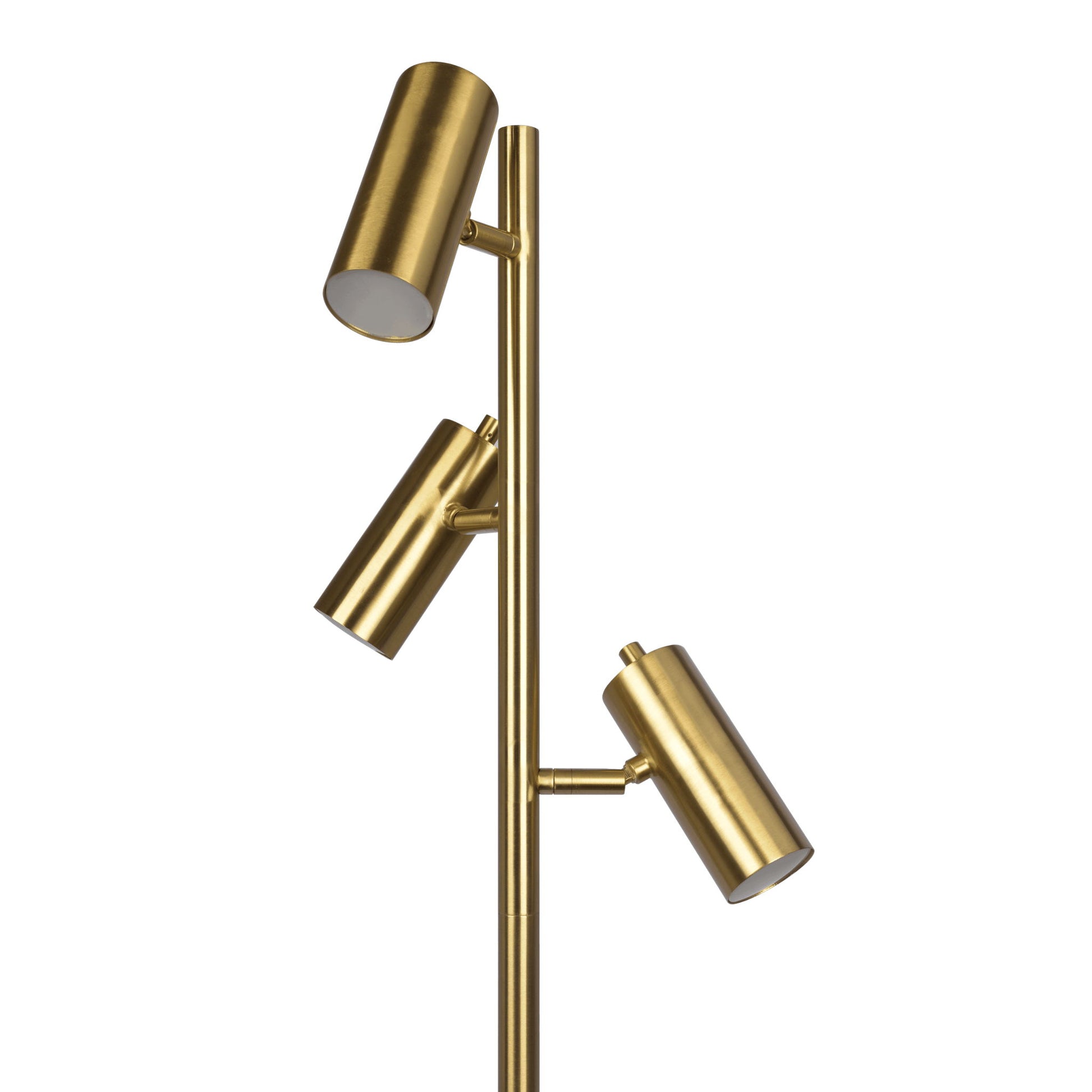 The Lumina Floor Lamp features a gold cone base and three vertically arranged, adjustable spotlights with a rotary switch.
