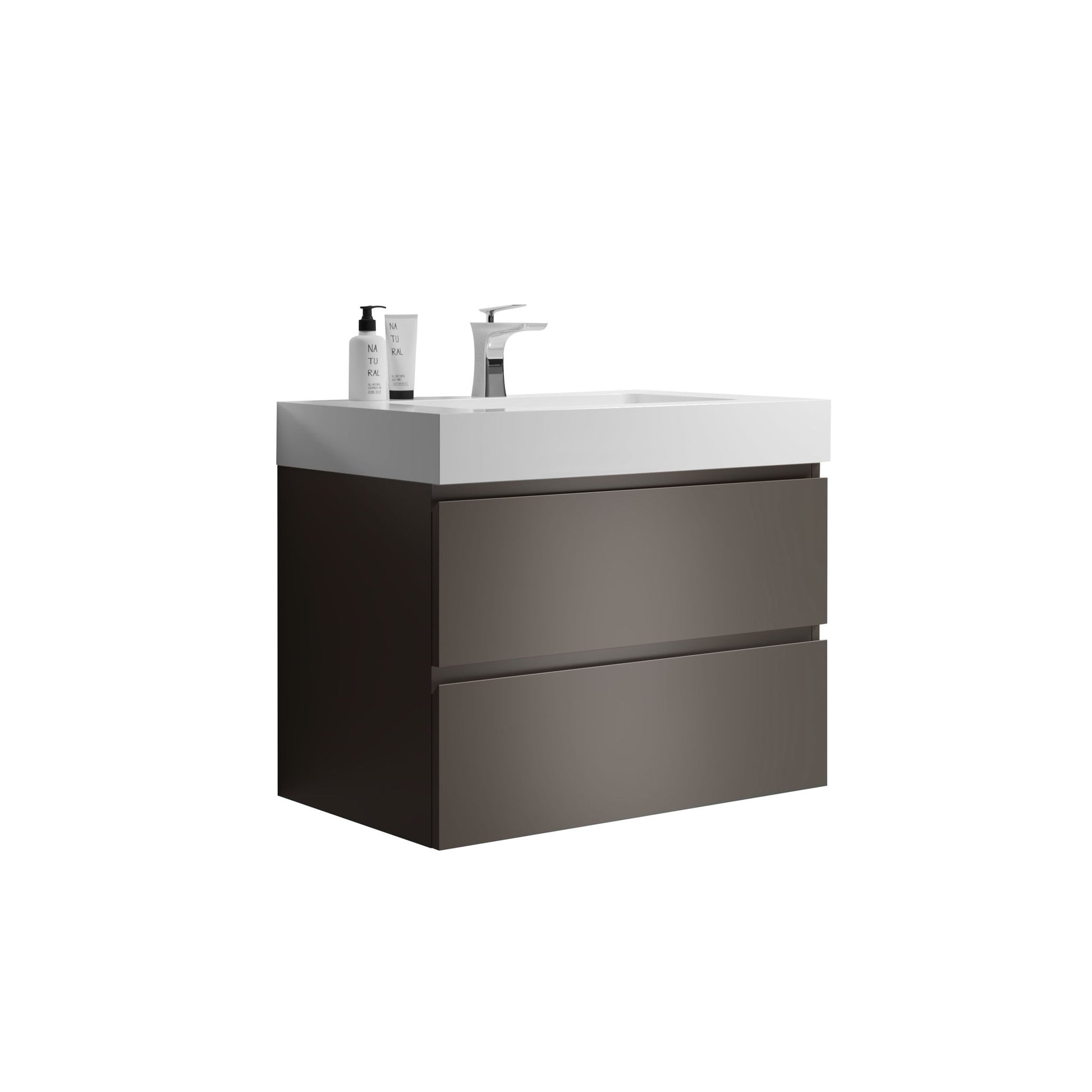 The Alice wall-mounted bathroom vanity features a modern design with a white rectangular one-piece sink basin and two dark brown drawers. Displayed against a plain white background, two bottles are on the left side of the sink. Faucet not included.