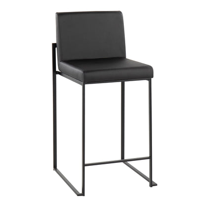 The Fuji High Back Counter Stool offers contemporary modern elegance with a cushioned black seat and backrest, sleek metal frame, and sled-style legs.