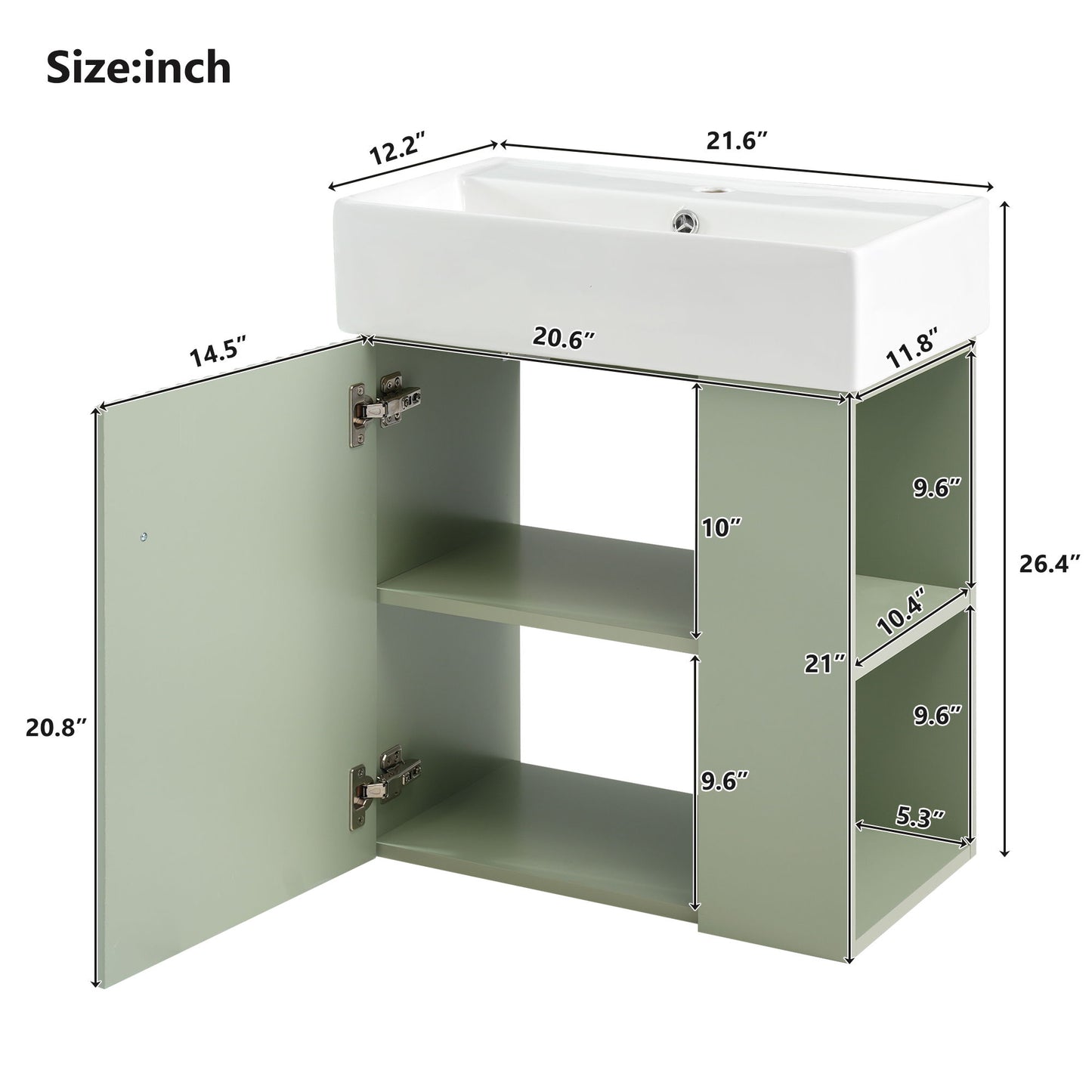 The Modern Floating Bathroom Vanity With Ceramic Basin, ideal for small bathrooms, features a green cabinet with a white rectangular sink. The image displays detailed dimensions for the sink, cabinet height, shelves, and compartments.