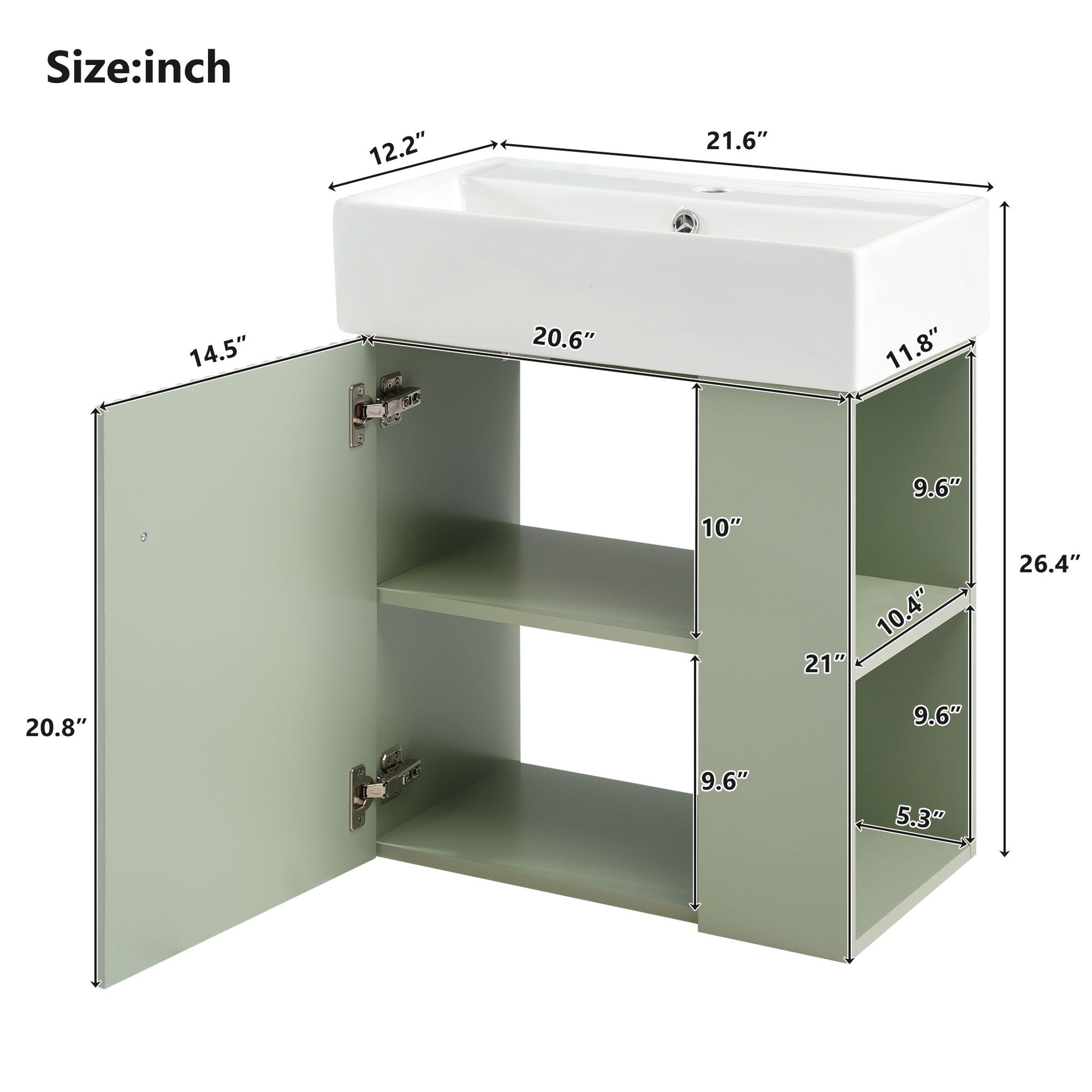 The Modern Floating Bathroom Vanity With Ceramic Basin, ideal for small bathrooms, features a green cabinet with a white rectangular sink. The image displays detailed dimensions for the sink, cabinet height, shelves, and compartments.