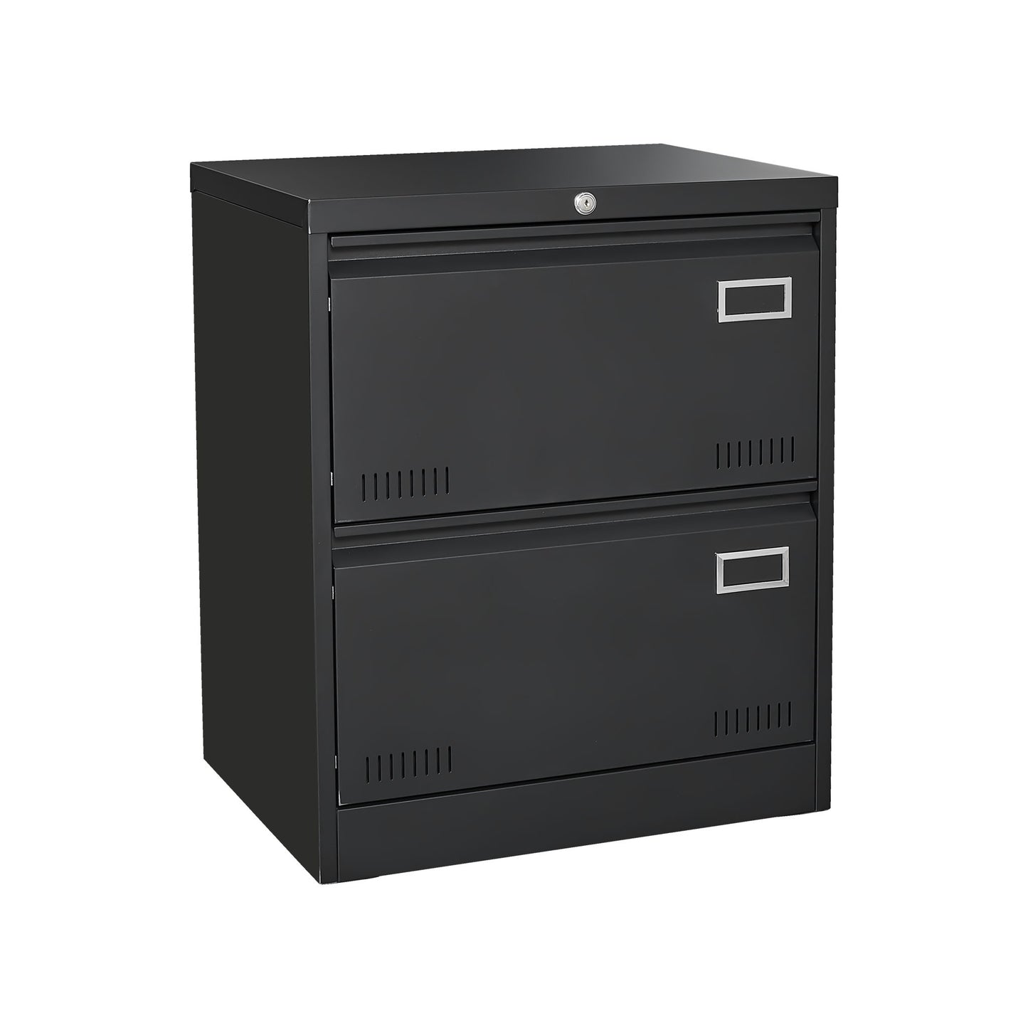 The 2 Drawer Metal Lateral File Cabinet With Lock is a black, locking metal file cabinet with label holders, ideal for home office use. Shown against a white background.