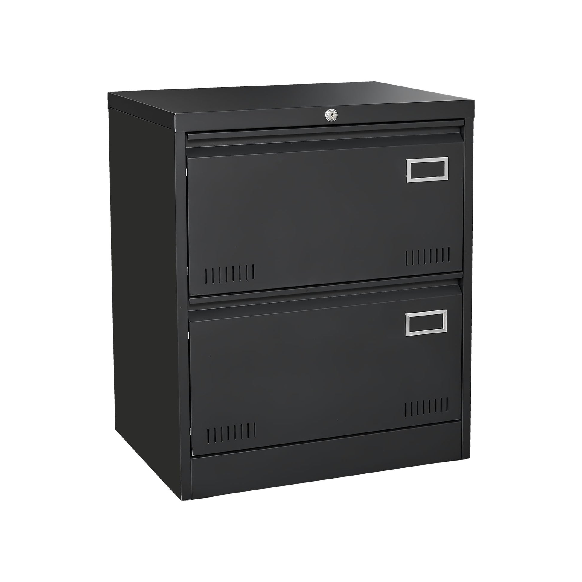 The 2 Drawer Metal Lateral File Cabinet With Lock is a black, locking metal file cabinet with label holders, ideal for home office use. Shown against a white background.