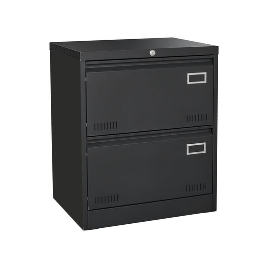 The 2 Drawer Metal Lateral File Cabinet With Lock is a black, locking metal file cabinet with label holders, ideal for home office use. Shown against a white background.