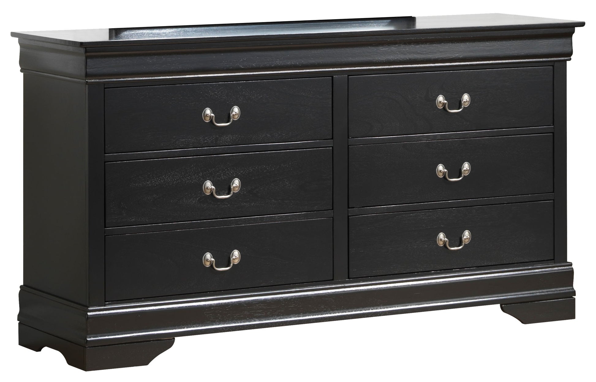 The Elegant Traditional Storage Dresser is a black wooden piece with six drawers, each with two silver handles, a flat top, and decorative base molding for a classic look.