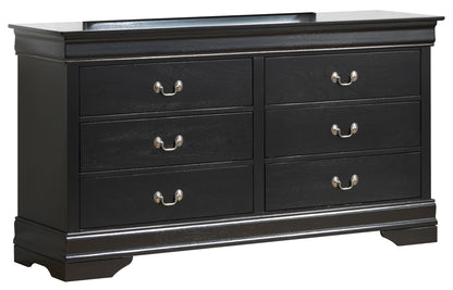 The Elegant Traditional Storage Dresser is a black wooden piece with six drawers, each with two silver handles, a flat top, and decorative base molding for a classic look.