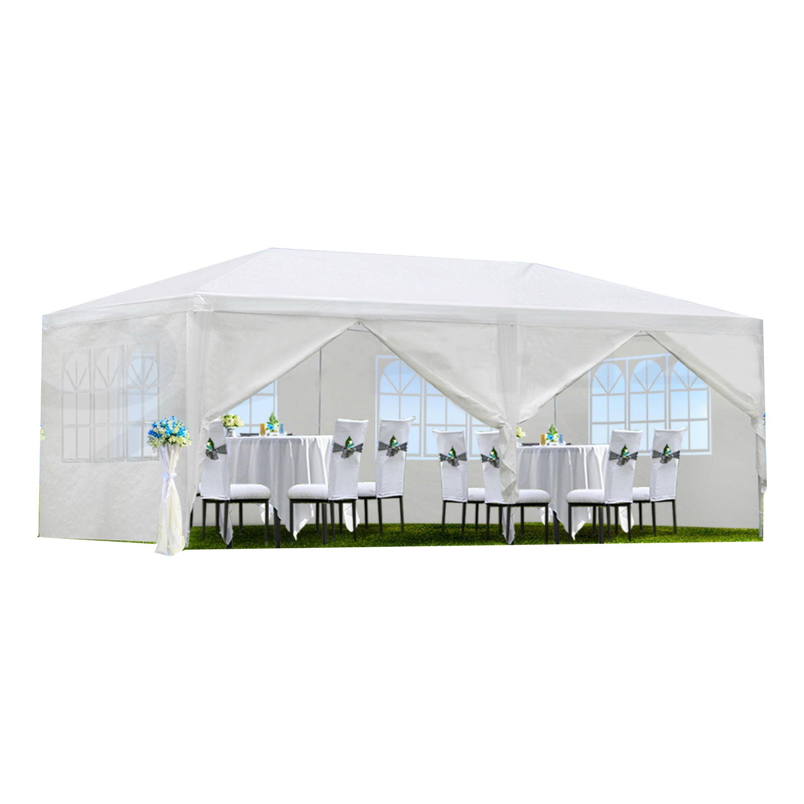 A 10X20' Outdoor Garden Gazebo Wedding Party Tent Canopy Marquee with removable sidewalls stands on grass, featuring two round tables with white chairs adorned with greenery and ribbons.
