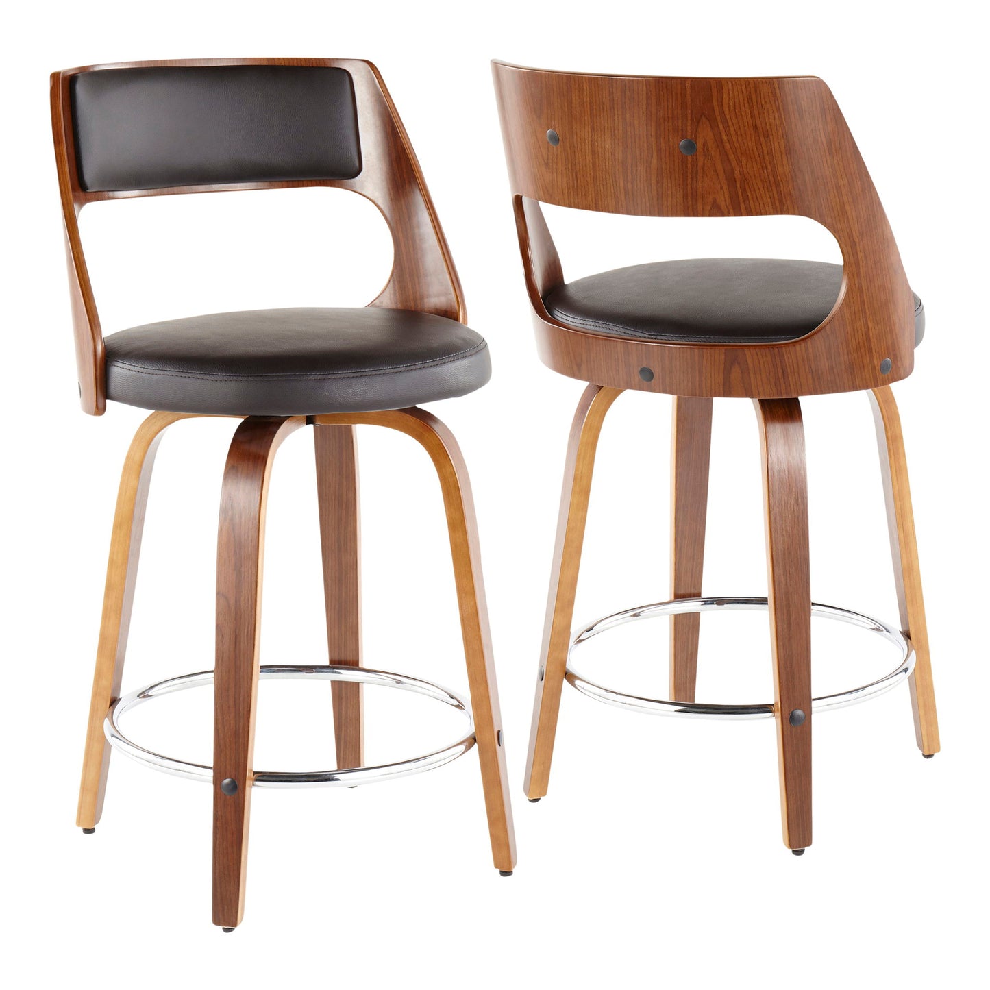 Set of 2 Cecina Mid-Century Modern Swivel Counter Stools with curved wooden backs, dark cushioned seats, wooden legs, and round metal footrests. One stool faces forward; the other displays the back.
