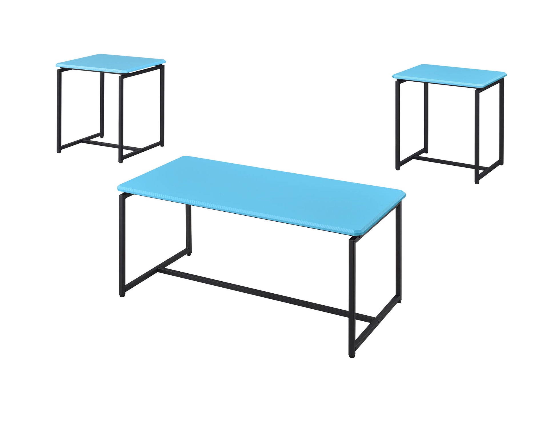 The GT - 3 Piece Carbon Fiber Wrap Coffee Table and End Table set features one large central table and two matching smaller tables, all with black metal frames and blue rectangular tops, displayed on a white background.