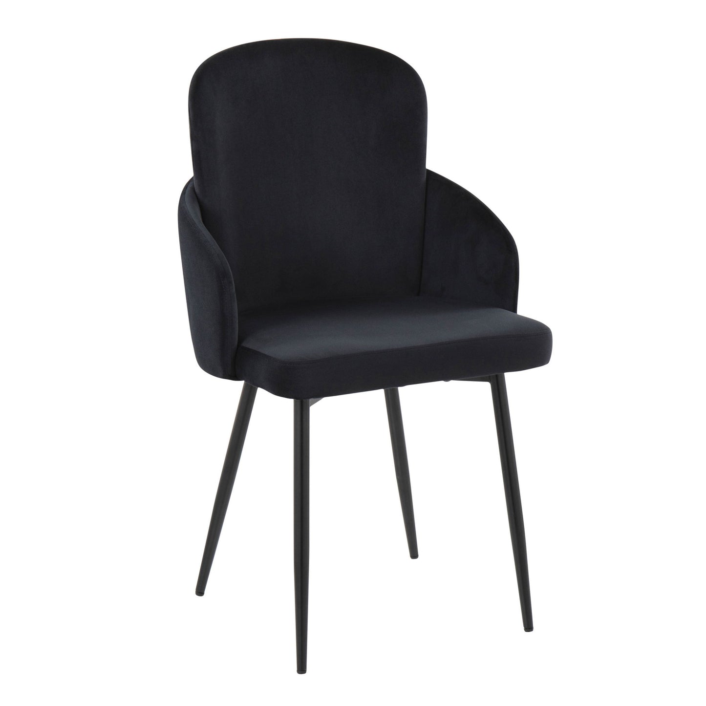 The Dahlia Contemporary Elegant Design Dining Chair (Set of 2) features a modern black look with a curved backrest, angled armrests, an upholstered seat, and four slender black metal legs.