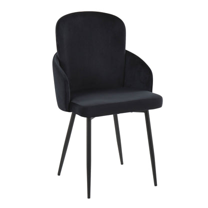 The Dahlia Contemporary Elegant Design Dining Chair (Set of 2) features a modern black look with a curved backrest, angled armrests, an upholstered seat, and four slender black metal legs.