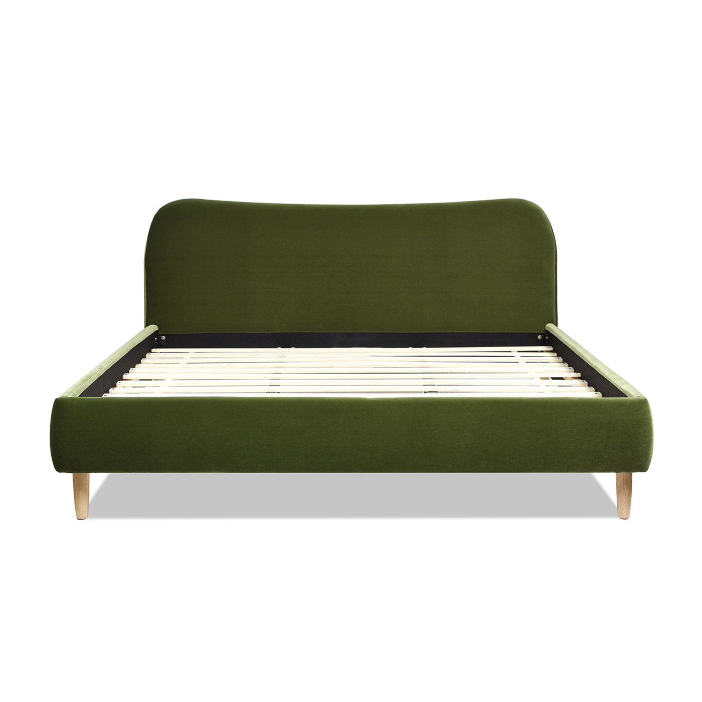 The Roman – Curved Headboard Upholstered Platform Bed is shown from the front on a white background. It features green upholstery, a curved headboard, wooden legs, and wooden slats, with no mattress included.