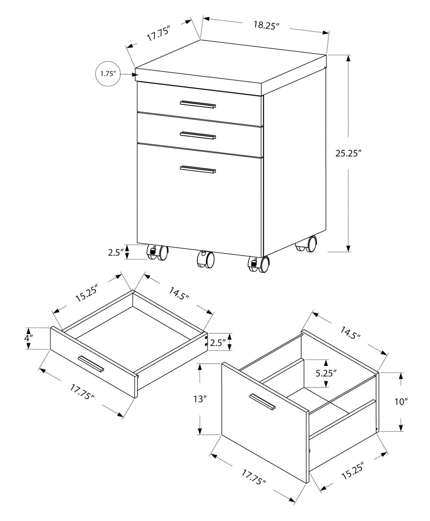 Line drawing of the File Cabinet Rolling Mobile Storage Drawers Printer Stand For Office with three drawers, displaying measurements in inches. Internal and external dimensions of two drawers are shown in detail.