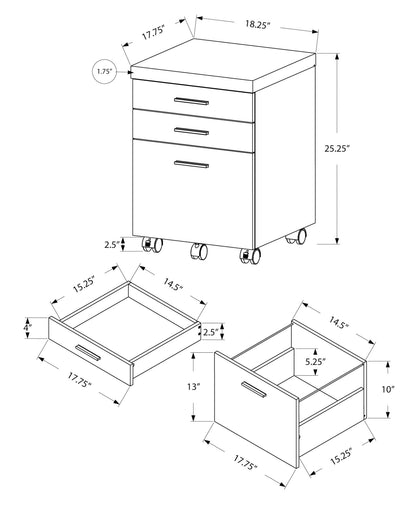 Line drawing of the File Cabinet Rolling Mobile Storage Drawers Printer Stand For Office with three drawers, displaying measurements in inches. Internal and external dimensions of two drawers are shown in detail.