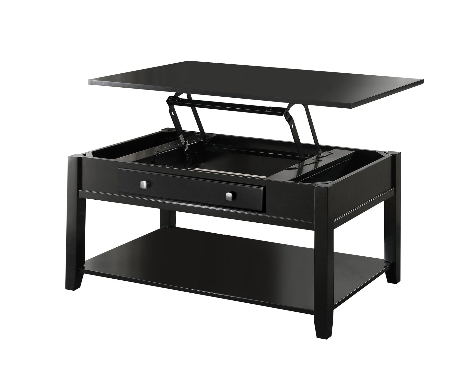 The Malachi Coffee Table With Lift Top in Black features hidden storage under the lift-top, a front drawer with two knobs, and a lower shelf for extra storage.