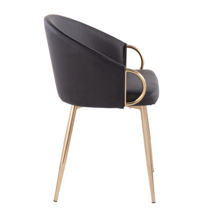 The Claire - Contemporary Glam Chair features a black curved backrest and seat, with gold metal armrests and four gold legs. Shown in profile against a white background.