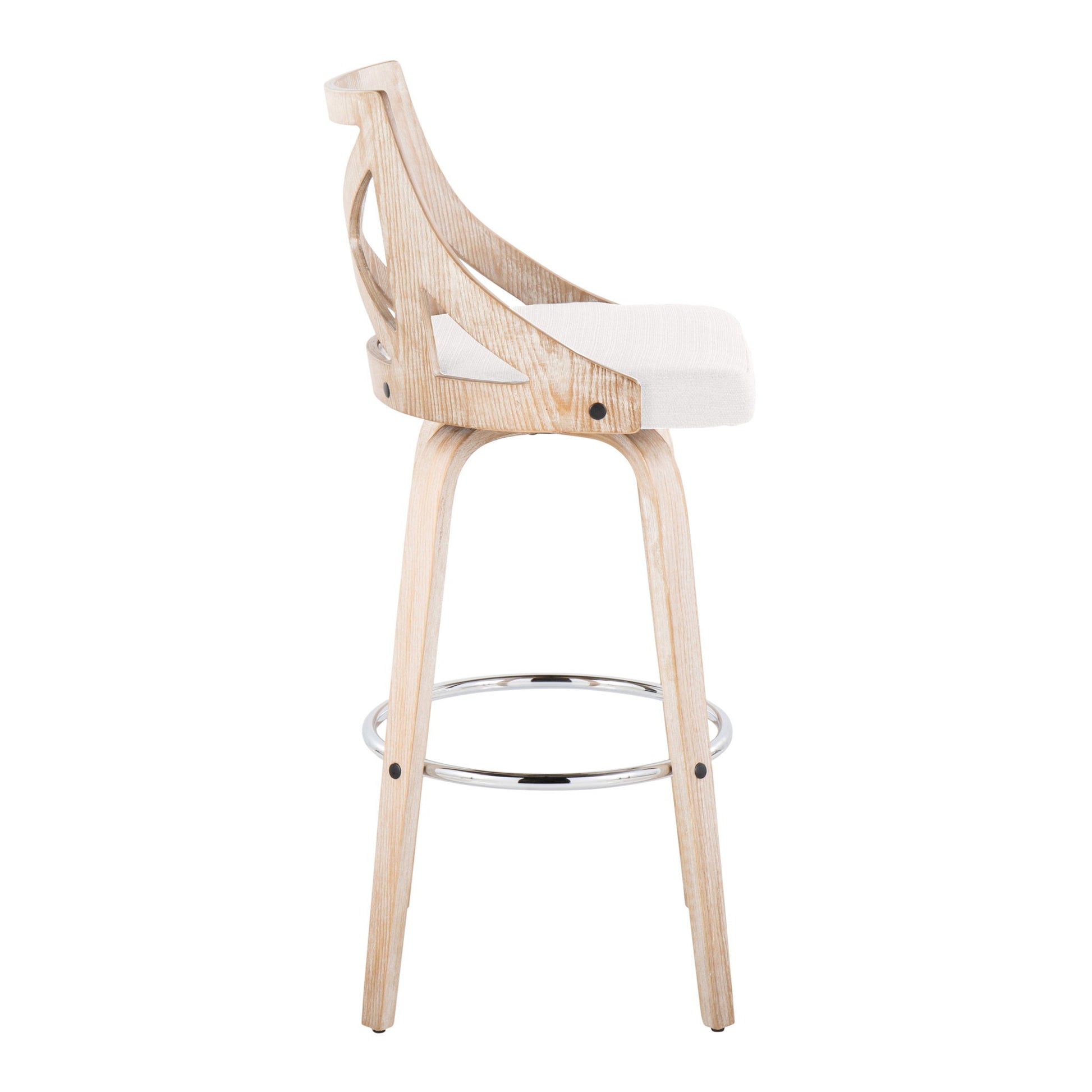 The Charlotte Farmhouse Fixed Height Bar Stool (Set of 2) features a modern light wood frame, open backrest, cream cushioned seat, and circular chrome footrest with swivel function, shown from the side against a white background.