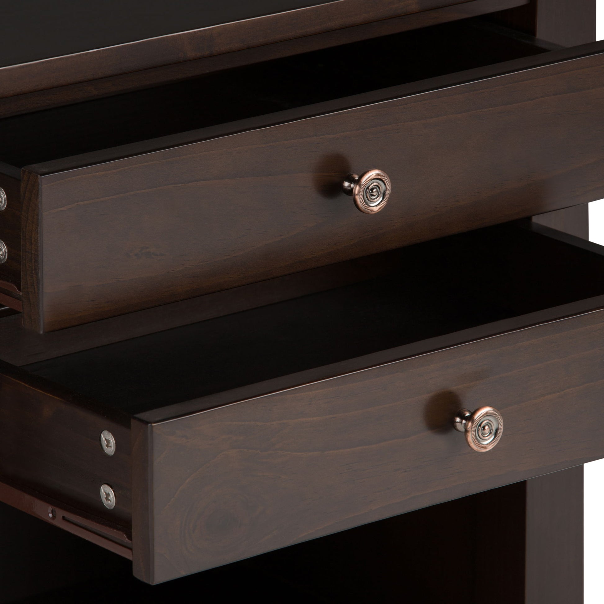 A close-up of two partially open drawers with round metal knobs on the Carlton - Bedside Table, Handcrafted, highlighting detailed wood grain and simple side hardware.