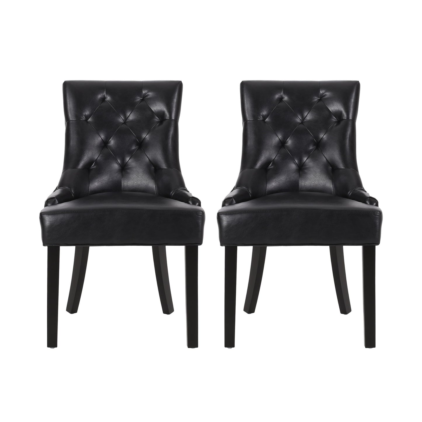 The Cheney Contemporary Dining Chair Set features two black tufted leather chairs with cushioned seats, slightly flared backs, and dark wooden legs, displayed side by side on a white background.