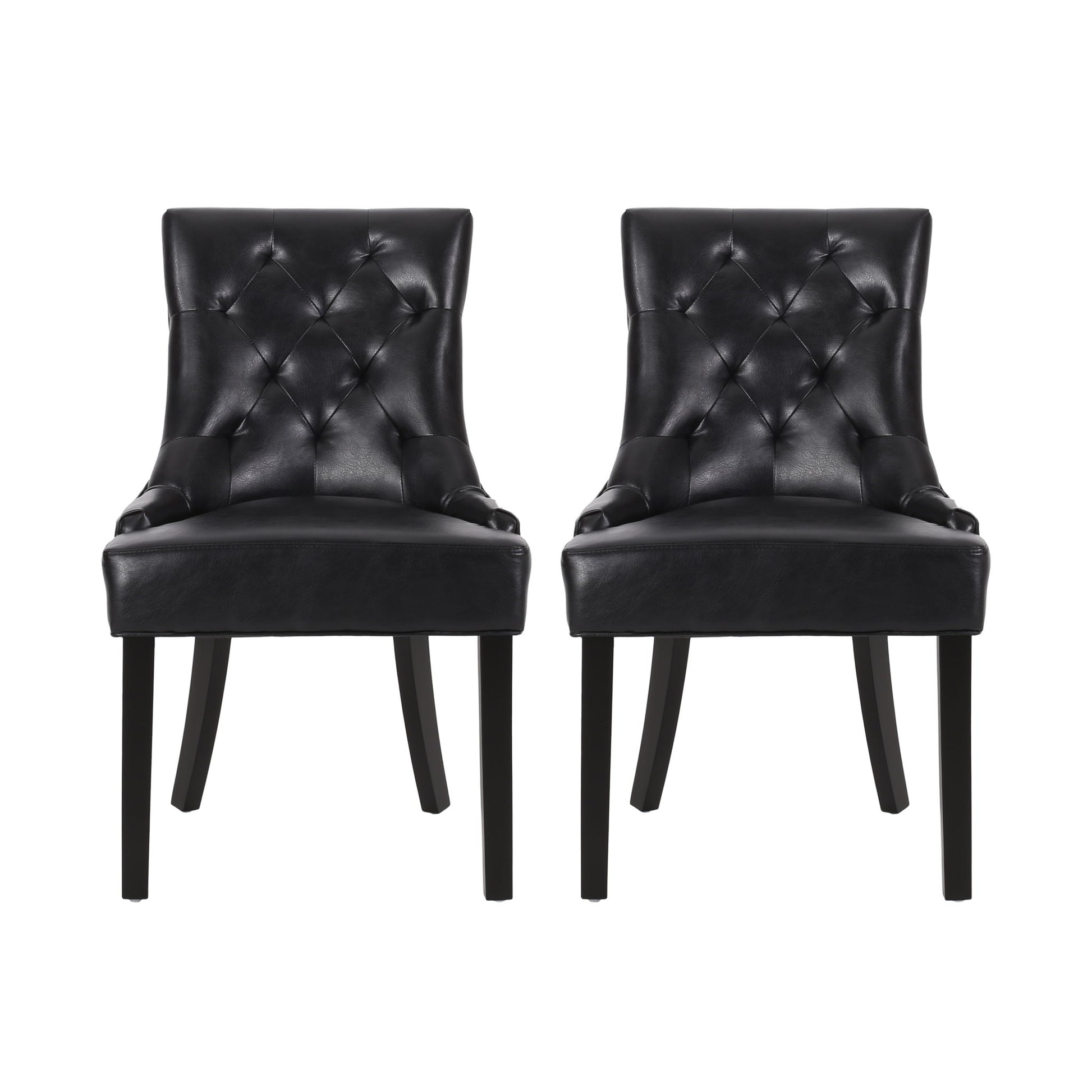 The Cheney Contemporary Dining Chair Set features two black tufted leather chairs with cushioned seats, slightly flared backs, and dark wooden legs, displayed side by side on a white background.